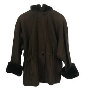 Herman Kay Coat Size 10 Petite Womens Wool Chocolate Brown Faux Fur Hood Vintage